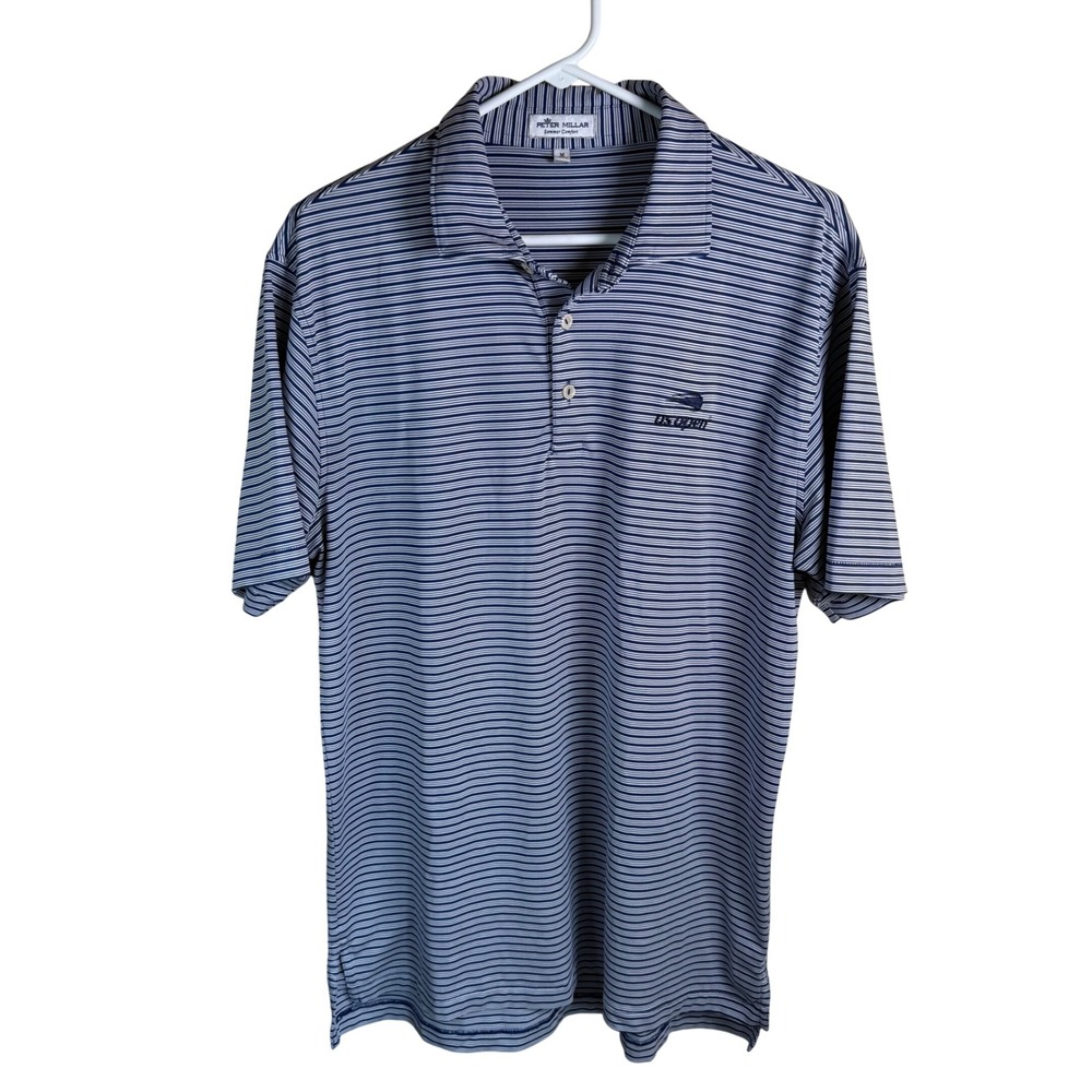 Peter Millar US OPEN Performance Polo Mens M Blue Striped Tennis Golf Shirt